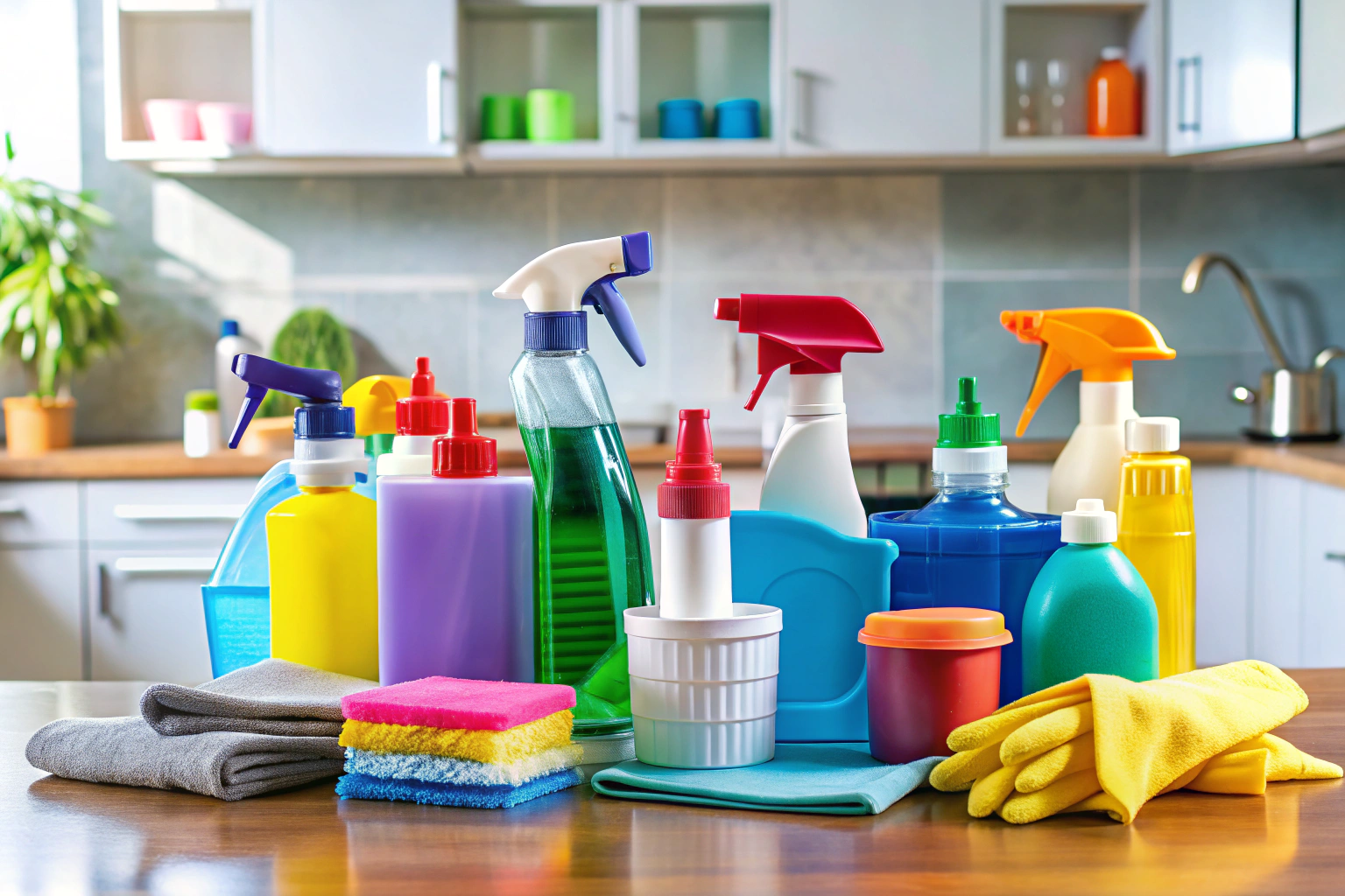 Eine übersichtliche Anordnung von Haushaltsreinigern auf einer sauberen Arbeitsplatte, darunter Sprühflaschen, Tücher und Behälter in verschiedenen Farben, ohne erkennbare Marken oder Beschriftungen