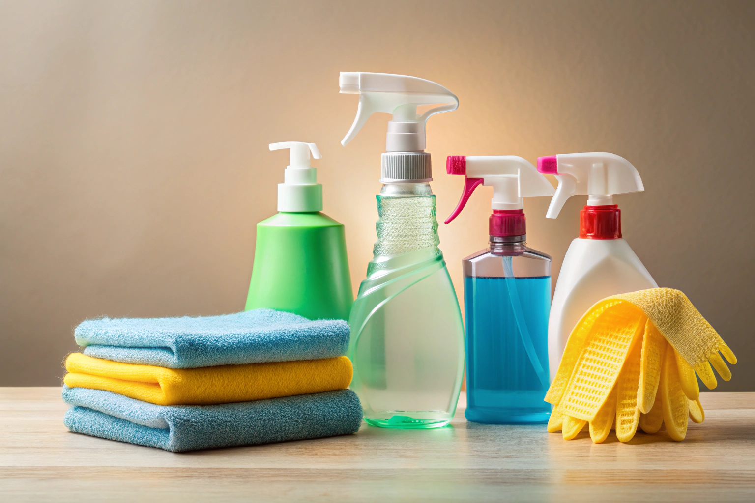 Abstract arrangement of cleaning tools like spray bottles and cloths on a neutral background, with soft colors representing different chemical solutions, no text or branding visible